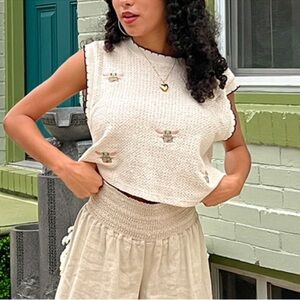 Zara Baby Yoda Cream and tan crochet top with embroidered details size US M